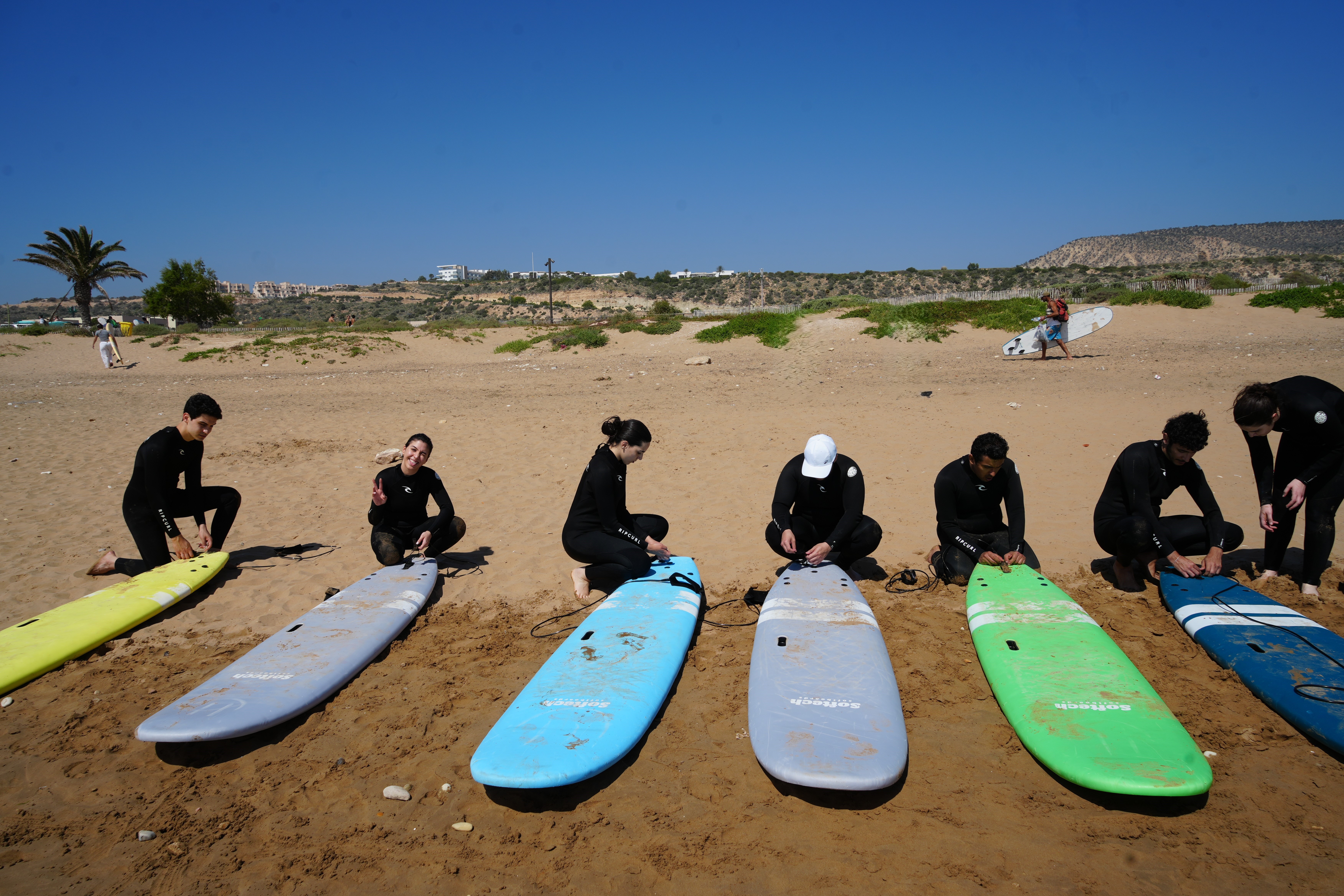 Rental boards lined up on the sand