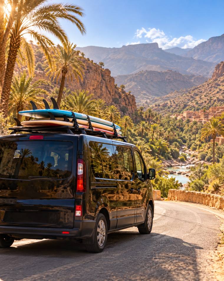 Our van with surfboards on the roof driving through Paradise Valley