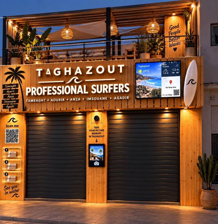 Taghazout Professional Surfers shop front at night